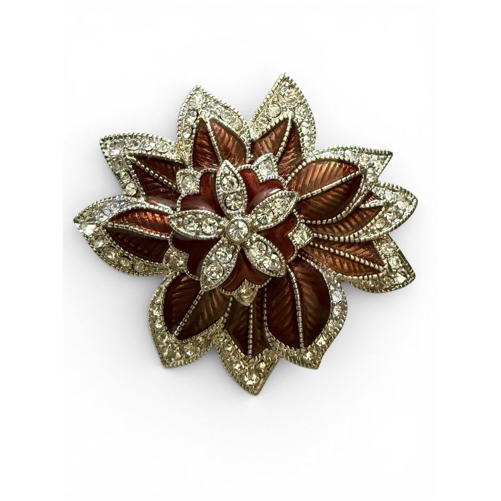 Vintage Women Red Floral Rhinestone Brooch Pin Statement Elegant Large
